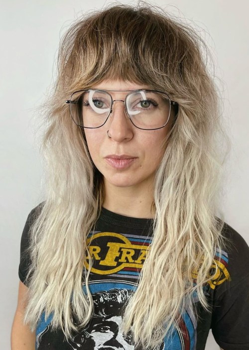 Classic Wolf Cut with Layered Fringe Long Wavy Hair with Full Bangs