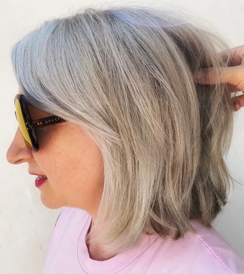 Gray Bob with Soft Layers Gray Lob with Side Bangs