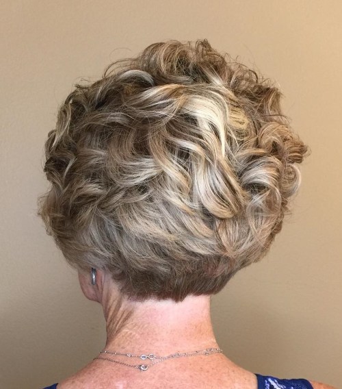 Short Ruffled Hairstyle with Blonde Highlights Over Fifty Curly Pixie With Stacked Nape