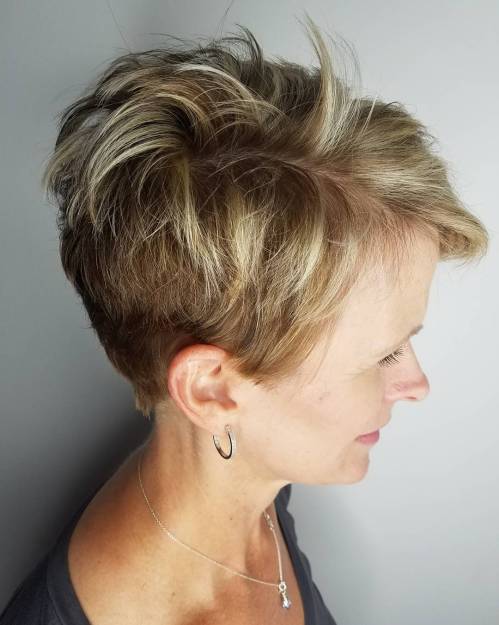 Disheveled Pixie with Chunky Highlights Over Fifty Short Layered Pixie