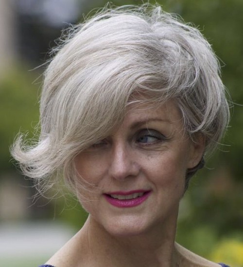 Asymmetrical Pixie Bob Short Gray Hairstyle for Women Over 50