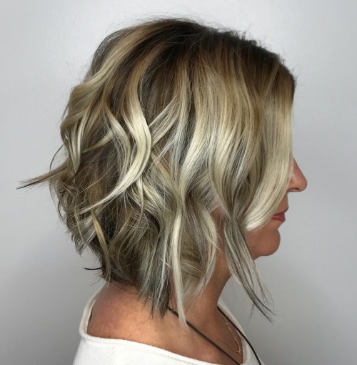 Bright Blonde Highlights Against Darker Lowlights A Line Bob with Highlights