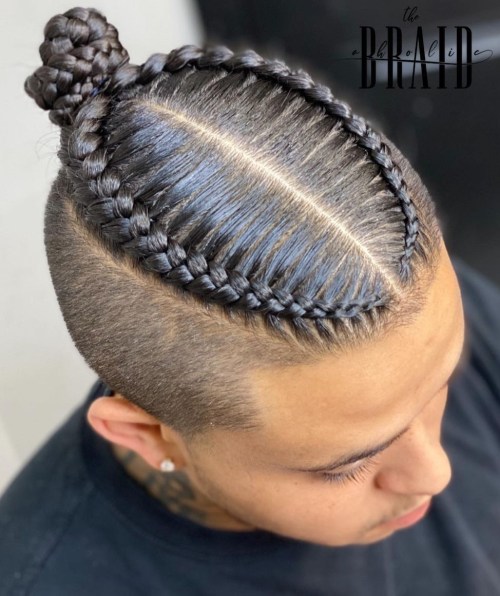 Man Bun Braids Shaved Sides and Cornrows Style for Men