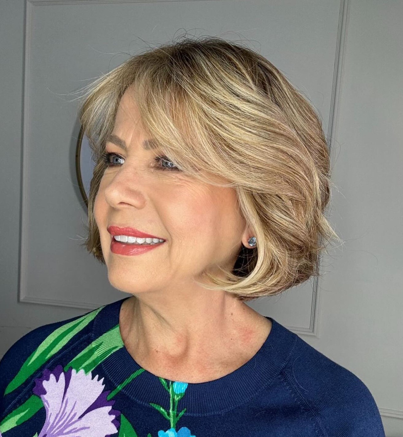 Over Bob with Curtain Bangs and Blonde Balayage