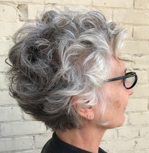 Long Curly Salt and Pepper Pixie Curly Gray Hairstyle for Older Women