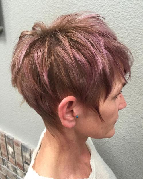 Short Messy Lilac Hairstyle Pastel Purple Highlights for Brown Pixie