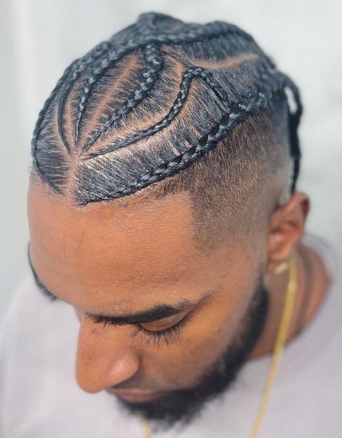 Thin Cornrow Braids Men's Hairstyle with Braids Design on Crown