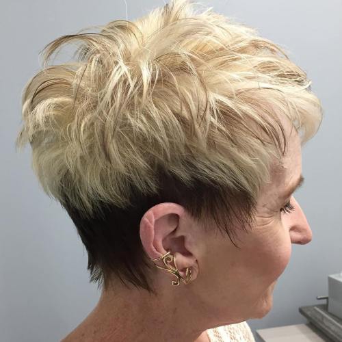 Two-Tone Spiky Short Haircut Brown and Blonde Pixie for Women Over 50