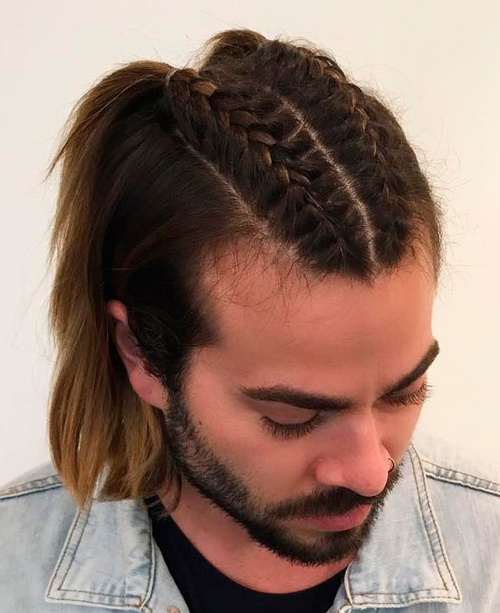 Braided High Ponytail Double Braid Hairstyle for Men