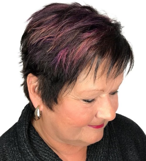 Layered Pixie with Textured Bangs and Dusty Pink Pops Razored Pixie Haircut Over 50