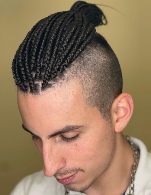 Man Bun Braids Shaved Sides and Long Box Braids on Top