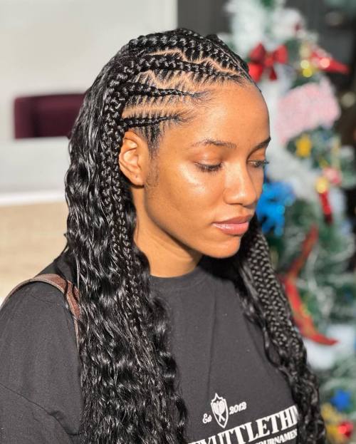 Shiny Black Half Braids Half Loose Curls