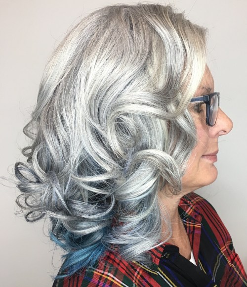 Gray Lowlights with a Bold Pop of Color Gray Curls with Blue Underlayer
