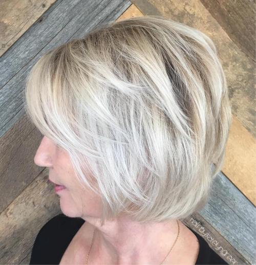 Layered Platinum Bob Over Fifty Ash Blonde Balayage Bob