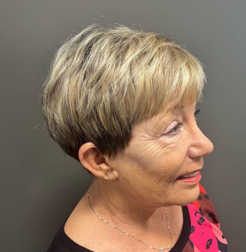 Honey Blonde Pixie with Dark Roots Shaggy Bronde Pixie for Seniors