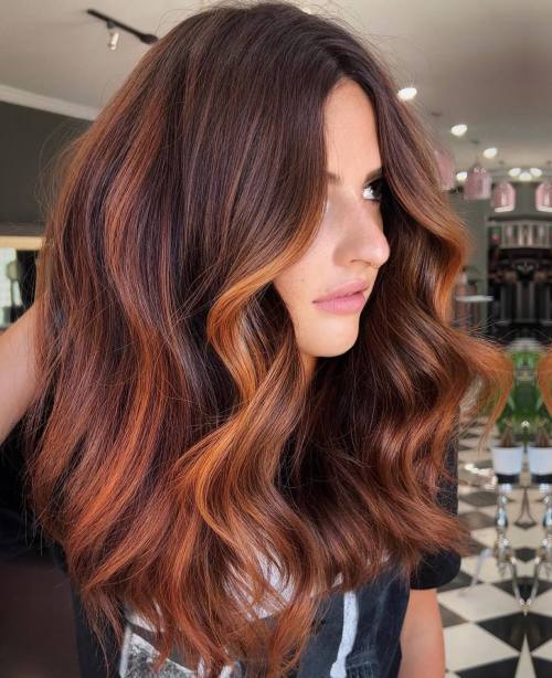 Auburn Balayage with Light Copper Money Piece