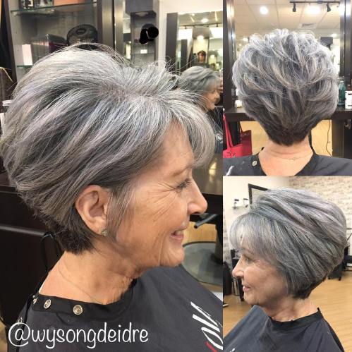 Salt and Pepper Voluminous Cut Gray Pixie Bob for Older Women