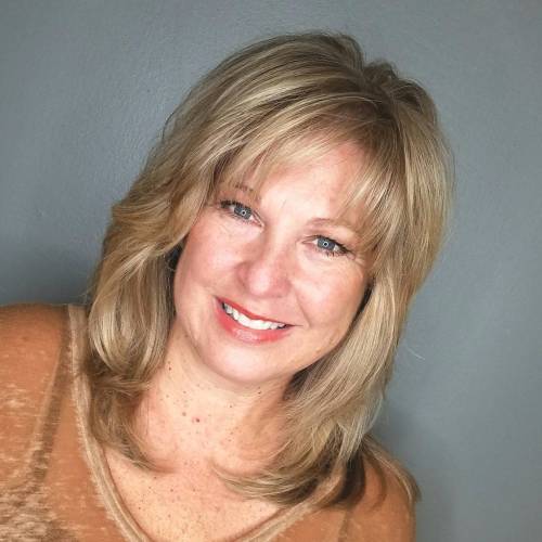 Dirty Blonde Medium Length Hair Rachel Cut with Bangs