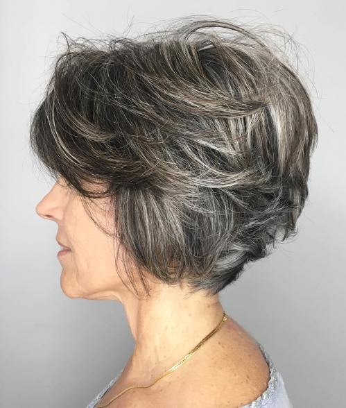 Layered Tousled Salt and Pepper Bob Short Textured Hairstyle Over 50