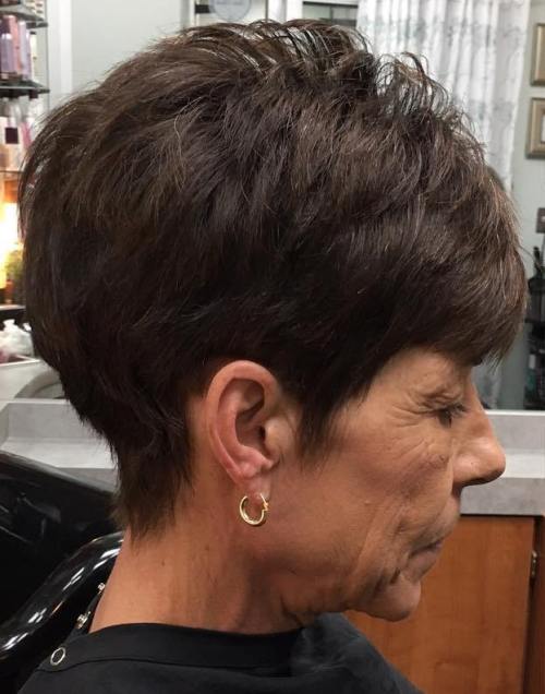 Dark Brown Cut with Textured Tresses Pixie Hairstyle for Older Women