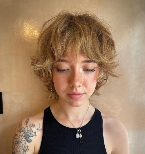 Warm Blonde Pixie Wolf Cut Voluminous Blonde Shaggy Pixie