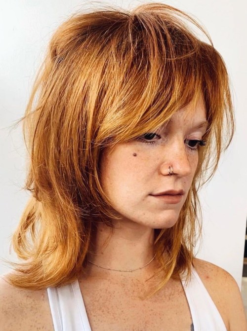 Bright Ginger Voluminous Wolf Haircut Messy Layered Shoulder Length Cut