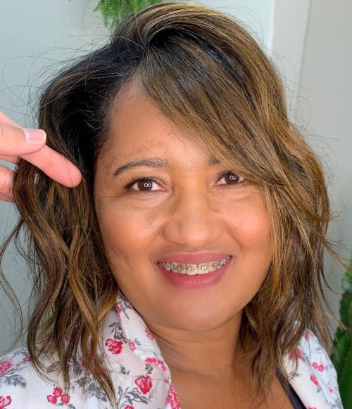 Long Bob with Brown Balayage Highlights Shoulder Length Bob with Dak Roots and Brown Highlights