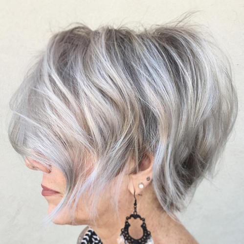 Wispy Silver Bob Tousled Gray Balayage Bob 50+