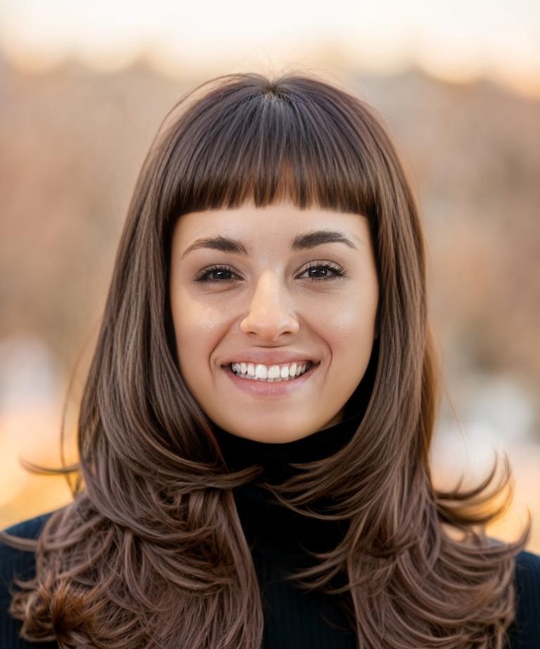 Long Hair with Rounded Layers and Baby Bangs